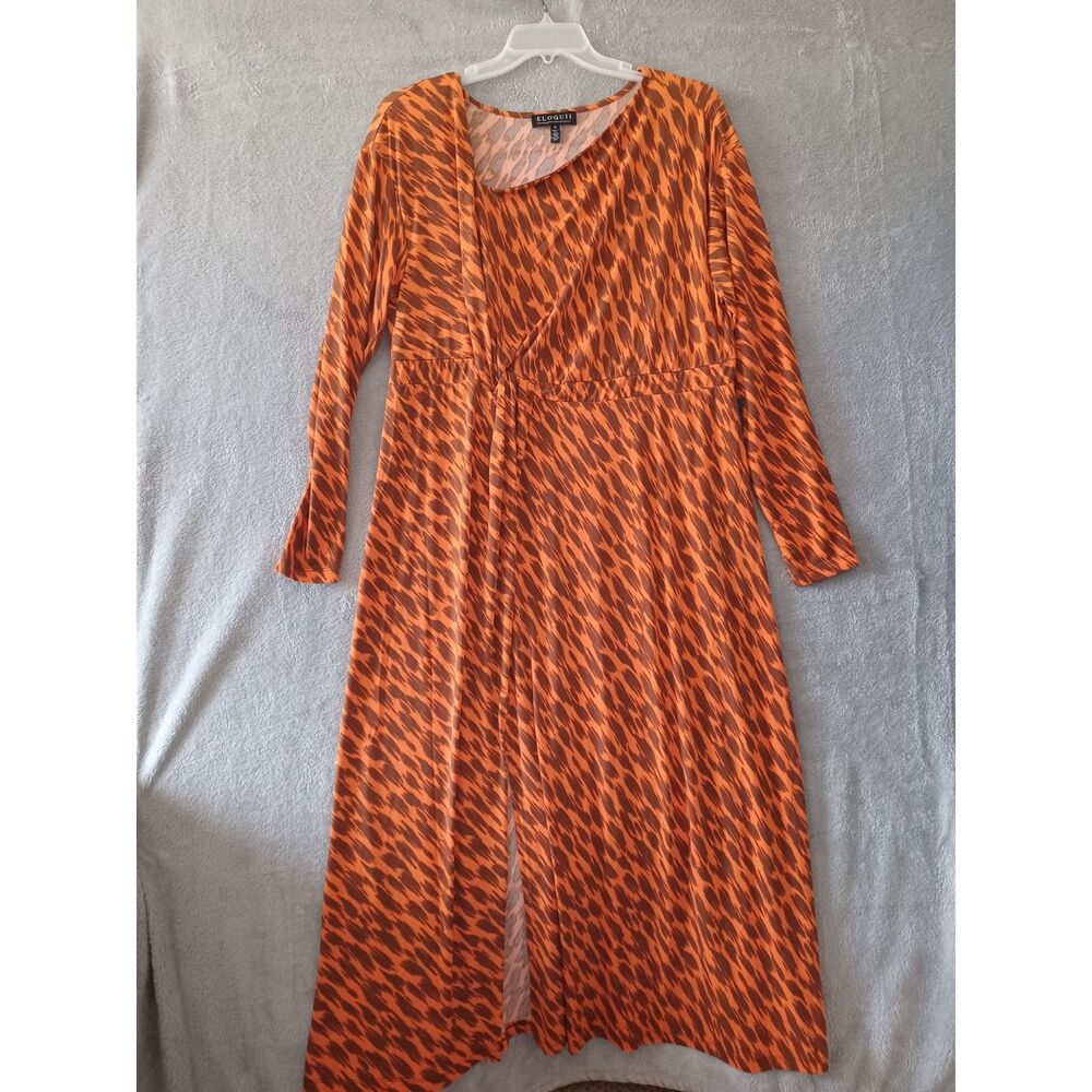 Eloquii Sz 20 Maxi Dress Flowy Boho Resort Casual Stretch Orange Front Slit New